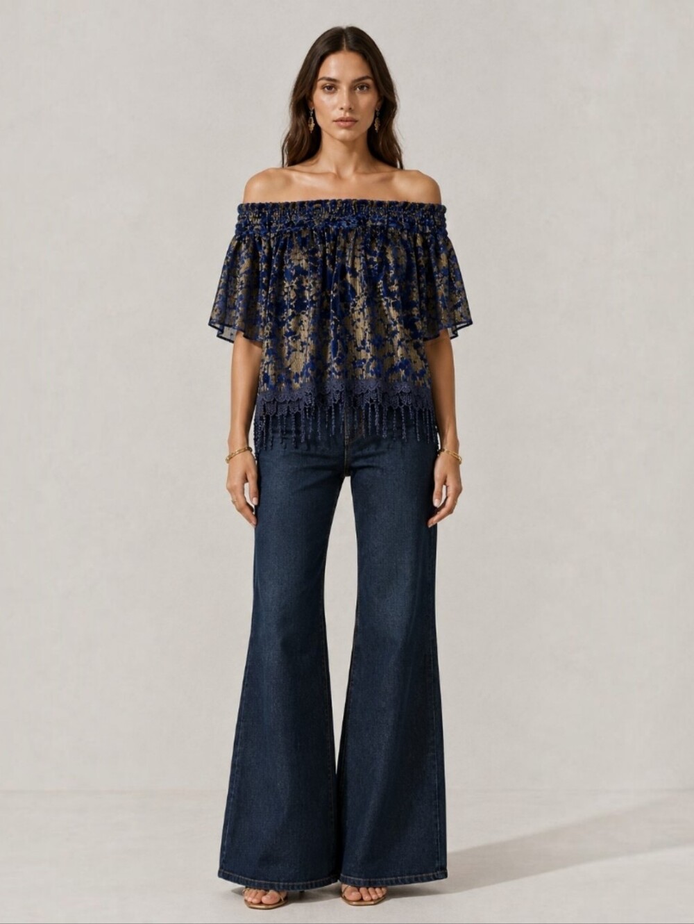 Blue Velvet Burnout Top Silk Metallic Lace Gold Whimsigoth Boho Witchy Size XS